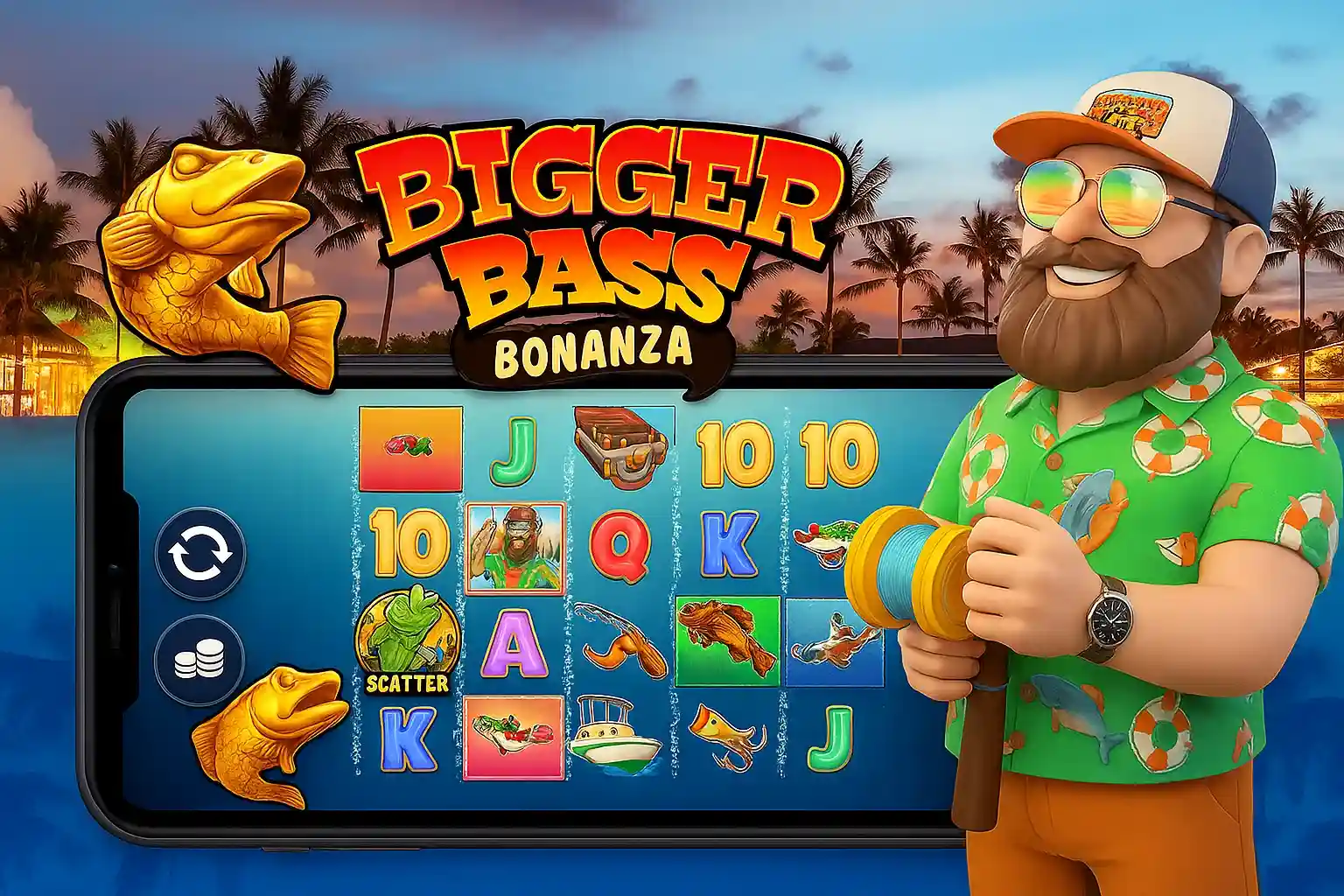 Fisherman character holding a fishing rod next to a smartphone displaying the Bigger Bass Bonanza slot