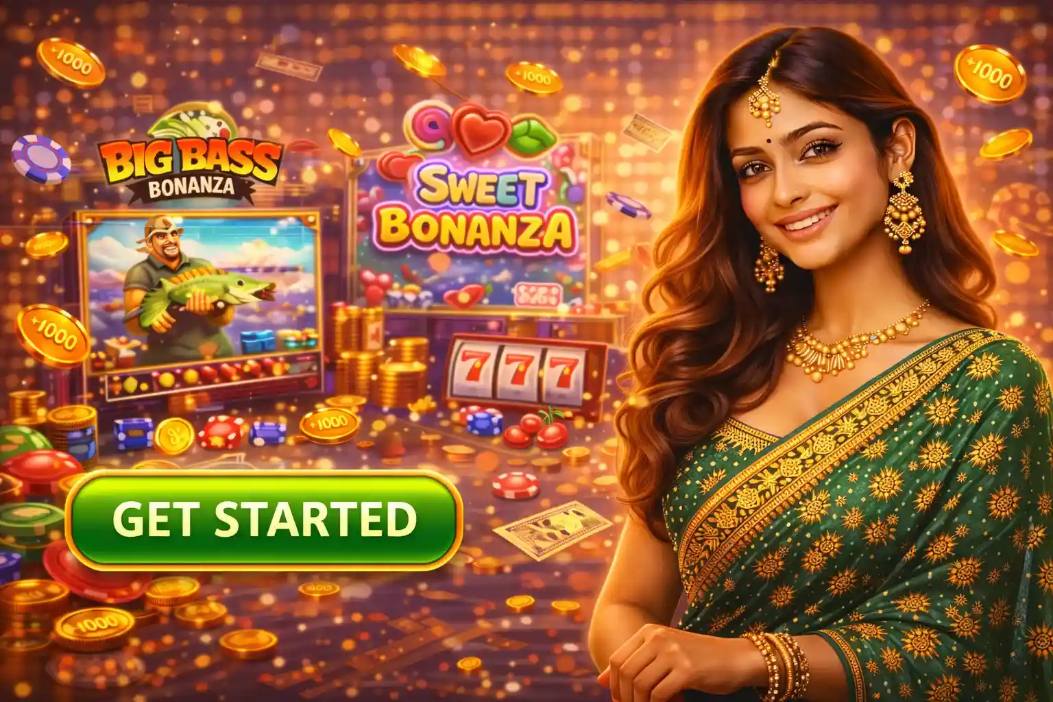 Woman in green saree inviting players to start playing online casino games with a get started button